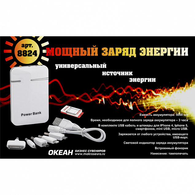 Зарядное устройство "Кругосветка", 5000 mAh, белый с логотипом в Санкт-Петербурге заказать по выгодной цене в кибермаркете AvroraStore