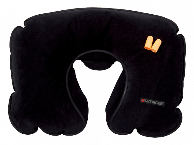 Подушка для самолёта WENGER, надувная, чёрная, флис, беруши в комплекте с логотипом в Санкт-Петербурге заказать по выгодной цене в кибермаркете AvroraStore