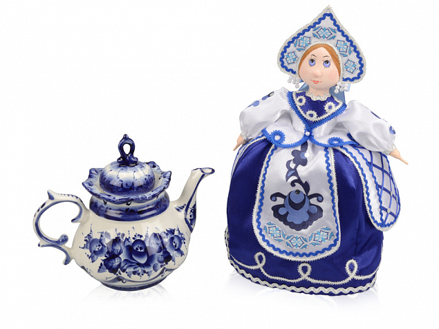 Подарочный набор "Гжель": кукла на чайник, чайник заварной с росписью с логотипом в Санкт-Петербурге заказать по выгодной цене в кибермаркете AvroraStore