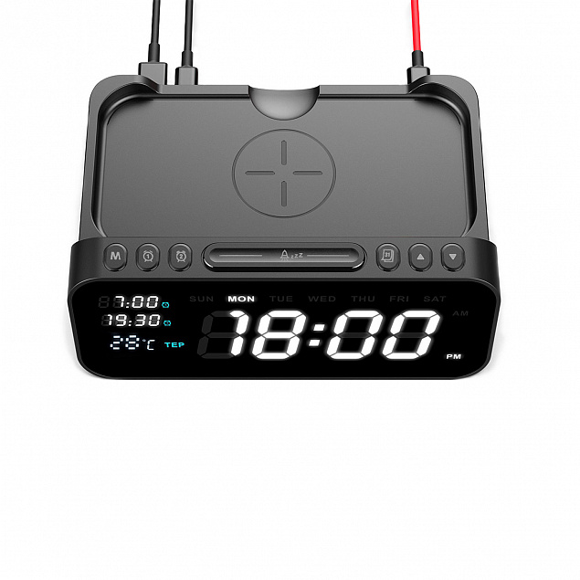 Настольные часы 6в1 с беспроводной зарядкой 10W, Orion, черный цвет с логотипом в Санкт-Петербурге заказать по выгодной цене в кибермаркете AvroraStore