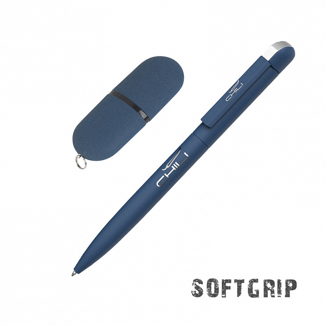 Подарочный набор ручка и флеш-карта, покрытие soft grip, синий с логотипом в Санкт-Петербурге заказать по выгодной цене в кибермаркете AvroraStore