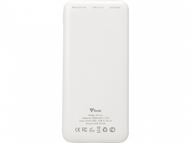 Внешний аккумулятор Evolt Mini-5, 5000 mAh, белый с логотипом в Санкт-Петербурге заказать по выгодной цене в кибермаркете AvroraStore