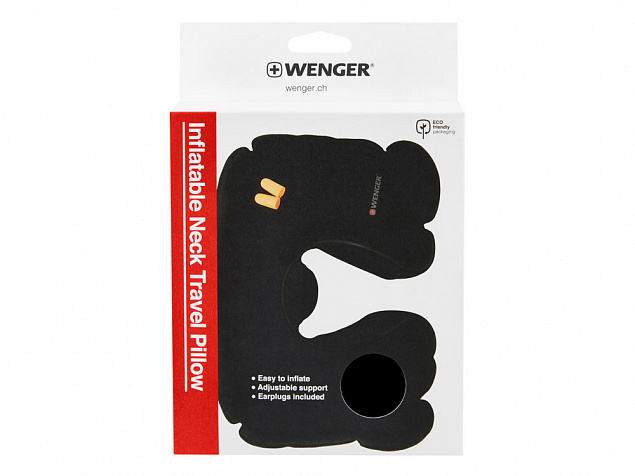 Подушка для самолёта WENGER, надувная, чёрная, флис, беруши в комплекте с логотипом в Санкт-Петербурге заказать по выгодной цене в кибермаркете AvroraStore