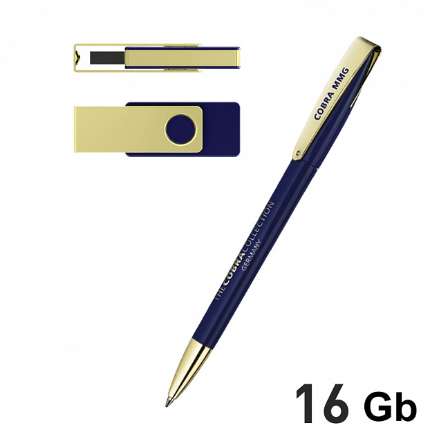 Набор ручка + флеш-карта 16Гб в футляре, темно-синий/золото с логотипом в Санкт-Петербурге заказать по выгодной цене в кибермаркете AvroraStore
