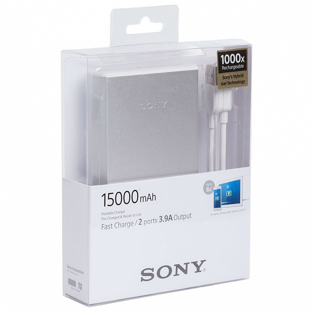 Внешний аккумулятор Sony 15000 мАч, серебристый с логотипом в Санкт-Петербурге заказать по выгодной цене в кибермаркете AvroraStore