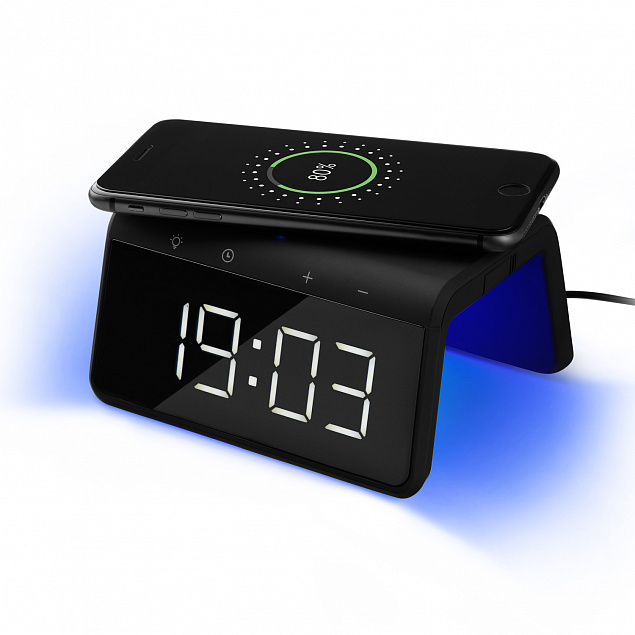 Настольные часы с беспроводной зарядкой 15W, Flame, черный цвет с логотипом в Санкт-Петербурге заказать по выгодной цене в кибермаркете AvroraStore
