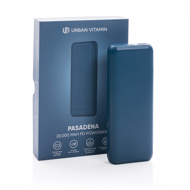 Внешний аккумулятор Urban Vitamin Pasadena с быстрой зарядкой PD, 18 Вт, 20000 мАч с логотипом в Санкт-Петербурге заказать по выгодной цене в кибермаркете AvroraStore