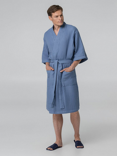 Халат вафельный мужской Boho Kimono, синий с логотипом в Санкт-Петербурге заказать по выгодной цене в кибермаркете AvroraStore